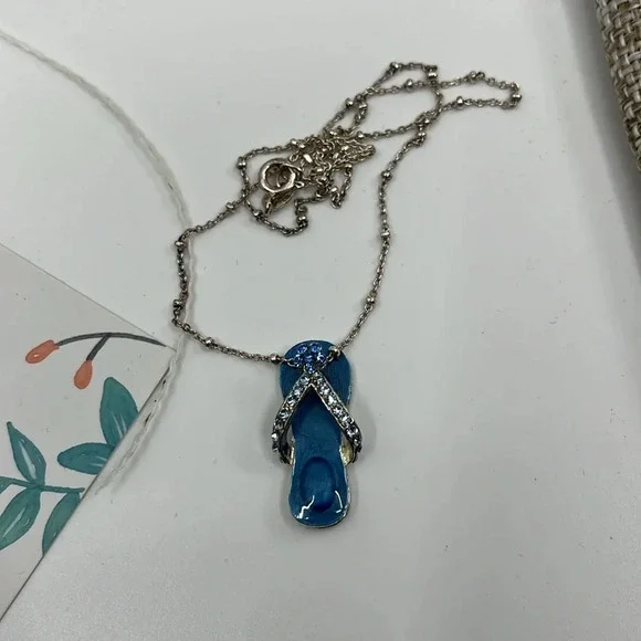 🏖️ Vintage Italy 925 Sterling Silver Blue Flip Flop Pendant Necklace - Picture 10 of 12